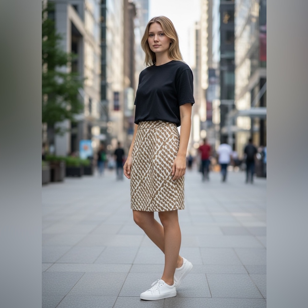 J. Crew Tan and Cream Geometric Pencil Skirt
